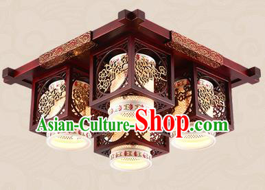 Traditional Chinese Handmade Four-Lights Lantern Asian Wood Carving Ceiling Lanterns Ancient Lantern