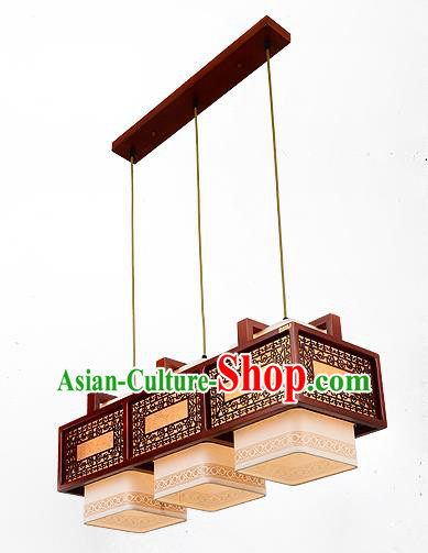 Traditional Chinese Handmade Three-Lights Lantern Wood Carving Hanging Lantern Ancient Palace Ceiling Lanterns