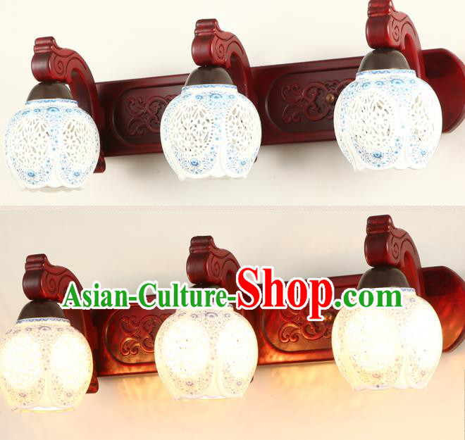 China Handmade Palace Lanterns Pierced Ceramics Three-Lights  Wall Lantern Ancient Wood Lanterns Traditional Lamp