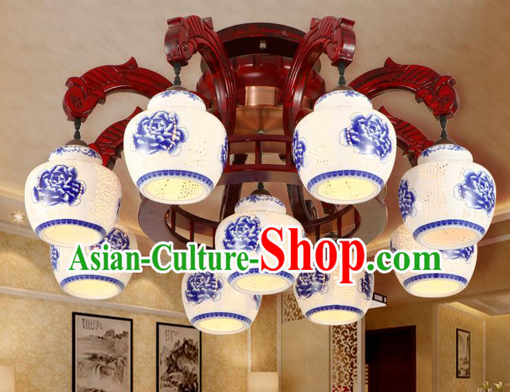 Traditional Chinese Handmade Nine-Pieces Ceiling Lantern Wood Palace Lanterns Ancient Lamp