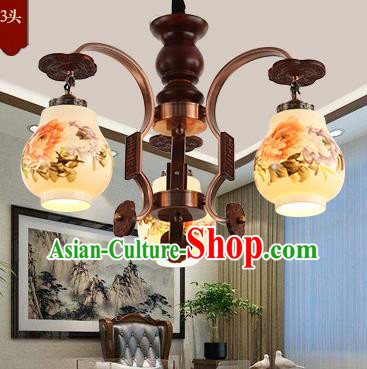 Traditional Chinese Handmade Painting Peony Lantern Three-Lights Palace Lantern Ancient Ceiling Lanterns