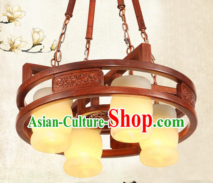 Traditional Chinese Handmade Marble Hanging Lantern Rosewood Four-Lights Palace Lanterns Ancient Lamp