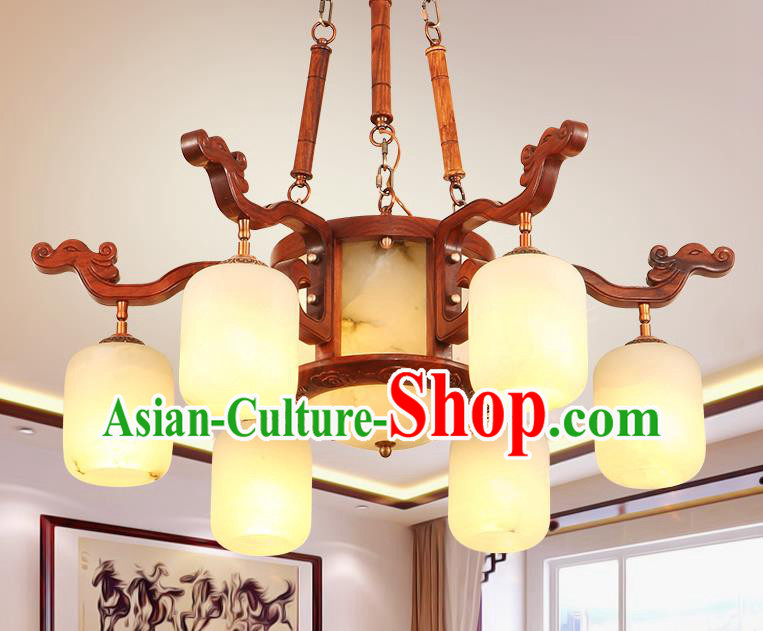 Traditional Chinese Handmade Marble Ceiling Lantern Wood Six-Pieces Palace Lanterns Ancient Lamp