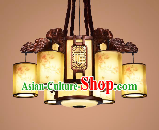Traditional Chinese Wood Palace Lantern Handmade Six-Lights Hanging Ceiling Lanterns Ancient Lamp
