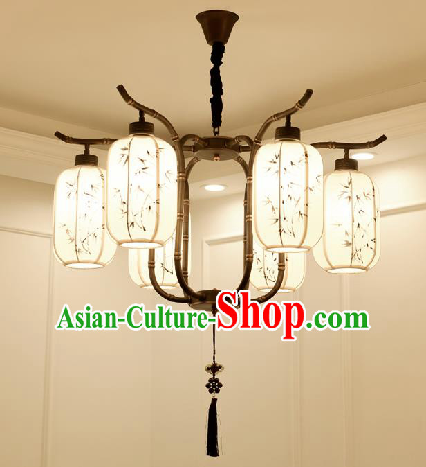 China Handmade Six-Lights Ceiling Lanterns Traditional Chinese Painted Bamboo Palace Lantern Ancient Lanterns
