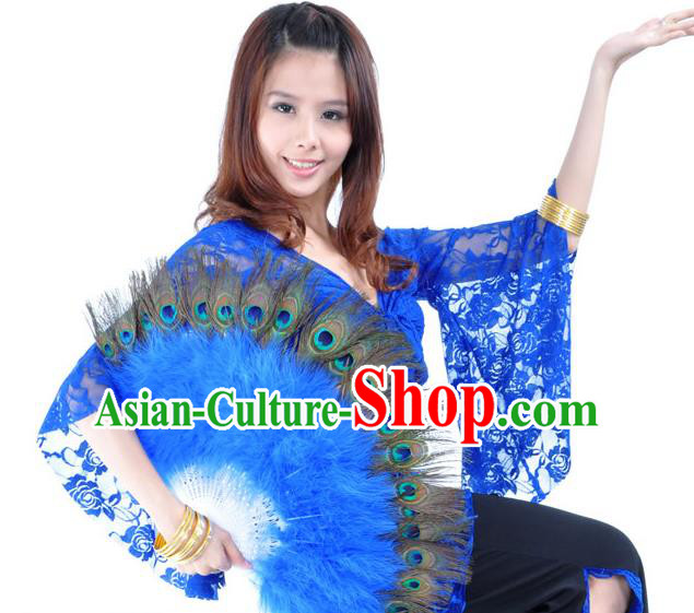 Indian Bollywood Belly Dance Fans Deep Blue Feather Folding Fans for Women