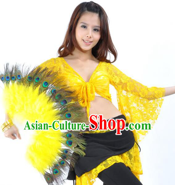 Indian Bollywood Belly Dance Fans Yellow Feather Folding Fans for Women