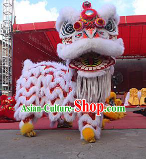 Chinese Traditional Parade White Southern Lion Head Professional Wool Lion Dance Costumes Complete Set