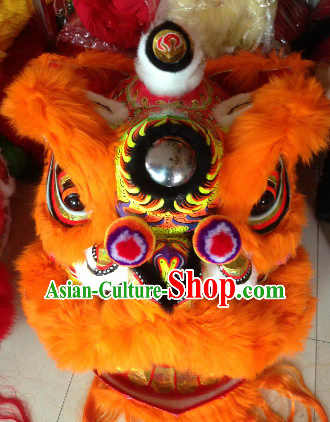 Chinese Professional Lion Dance Costumes Celebration and Parade Long Wool Orange Lion Head Complete Set