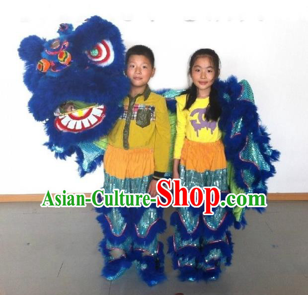 Chinese Traditional Children Lion Dance Costumes Professional Celebration Parade Blue Wool Lion Head Complete Set