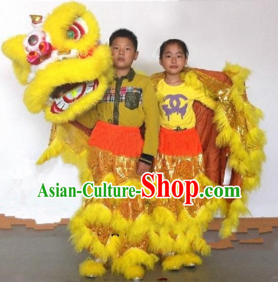 Chinese Traditional Children Lion Dance Costumes Professional Celebration Parade Yellow Wool Lion Head Complete Set
