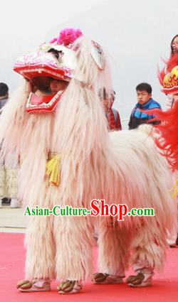 Chinese Traditional Parade White Long Wool Lion Head Professional Lion Dance Costumes Complete Set