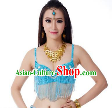 Indian Belly Dance Crystal Blue Brassiere Asian India Oriental Dance Costume for Women