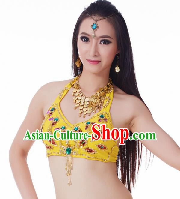 Indian Belly Dance Yellow Brassiere Upper Outer Garment Asian India Oriental Dance Costume for Women