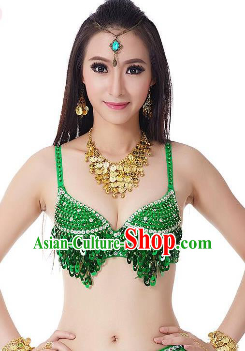 Indian Bollywood Belly Dance Green Sequin Brassiere Asian India Oriental Dance Costume for Women