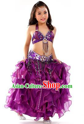 Traditional Indian Children Stage Performance Purple Dress Oriental Belly Dance Costume for Kids