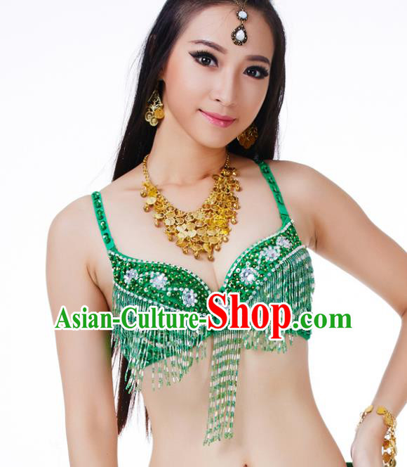 Traditional Belly Dance Green Tassel Brassiere Upper Outer Garment Indian Oriental Dance Costume for Women