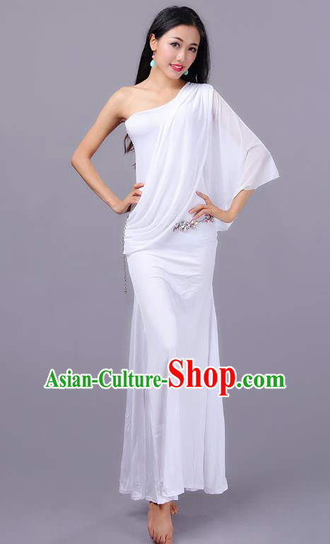 Indian Traditional Oriental Bollywood Dance One-shoulder White Dress Belly Dance Sexy Costume for Women