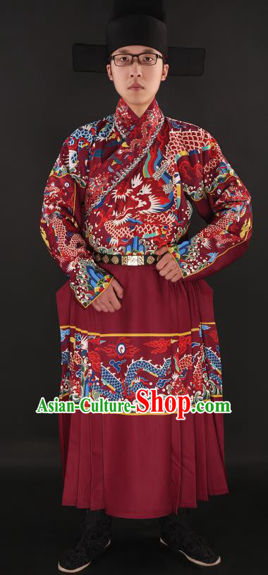 Chinese Ming Dynasty Imperial Guards Costumes Ancient Swordsman Embroidered Red Robe for Men