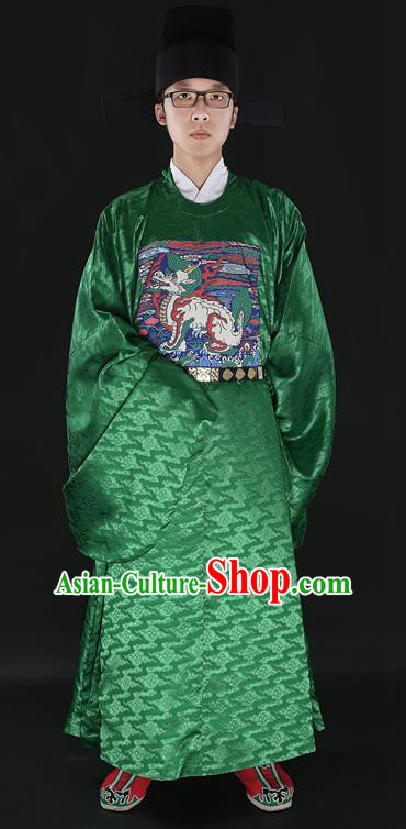 Chinese Ming Dynasty Court Censor Costumes Ancient Chancellor Embroidered Haechi Green Robe for Men