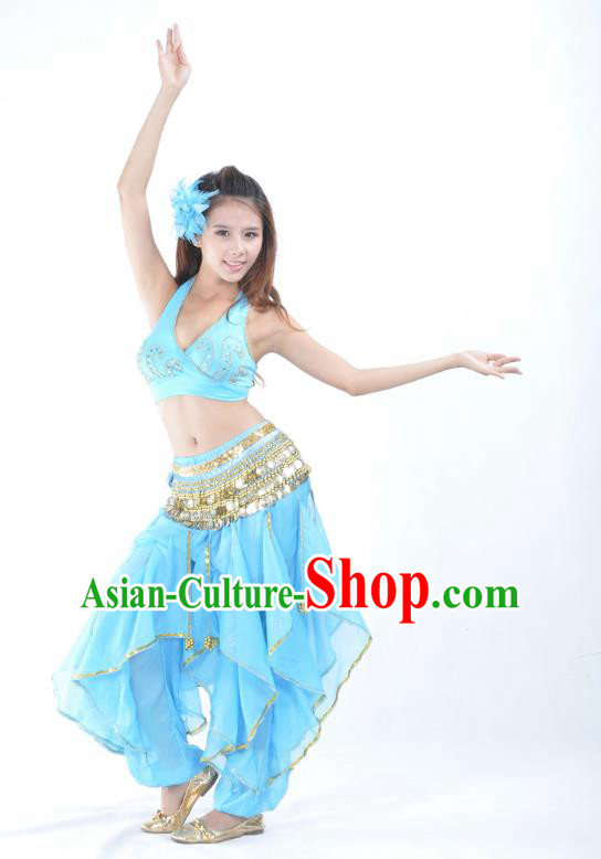 Asian Indian Traditional Costume Belly Dance Stage Performance Oriental Dance Blue Clothing for Women