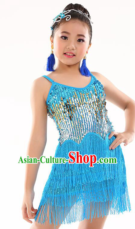 Children Modern Dance Jazz Latin Dance Costume Classical Dance Blue Dress for Kids