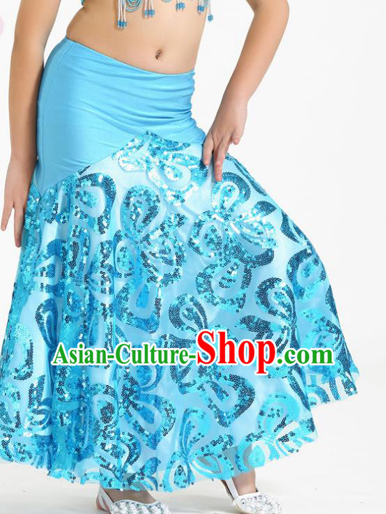 Top Indian Belly Dance Children Blue Skirt India Traditional Oriental Dance Performance Costume for Kids