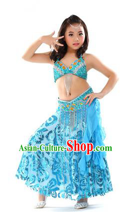 Top Indian Belly Dance Blue Dress India Traditional Oriental Dance Performance Costume for Kids