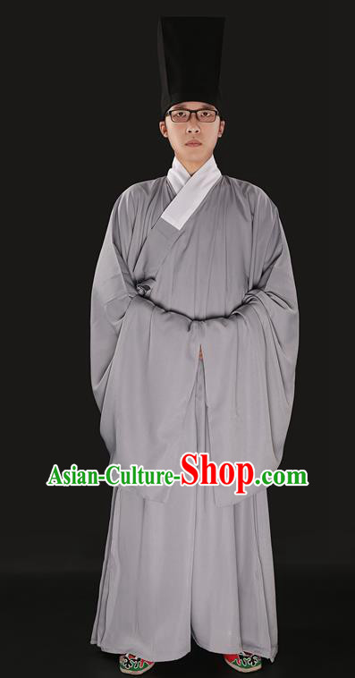 Chinese Ancient Ming Dynasty Taoist Priest Costume Grey Priest Frock for Men