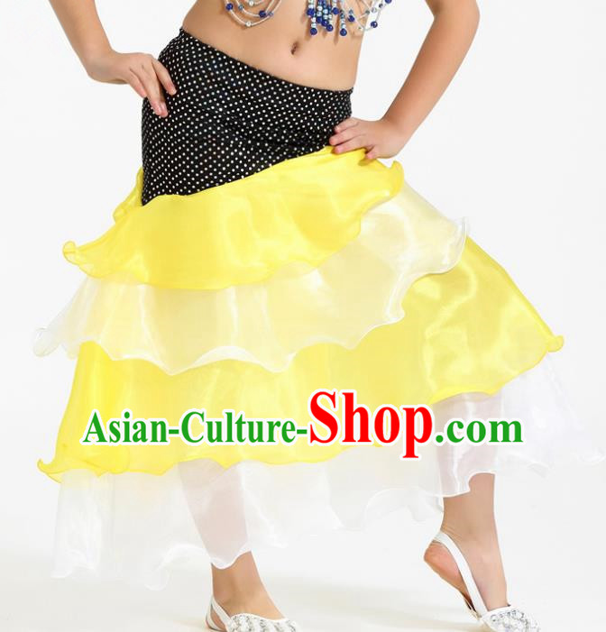Asian Indian Belly Dance Yellow and White Skirt Stage Performance Oriental Dance Clothing for Kids