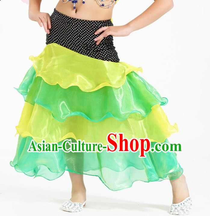 Asian Indian Belly Dance Yellow and Green Skirt Stage Performance Oriental Dance Clothing for Kids
