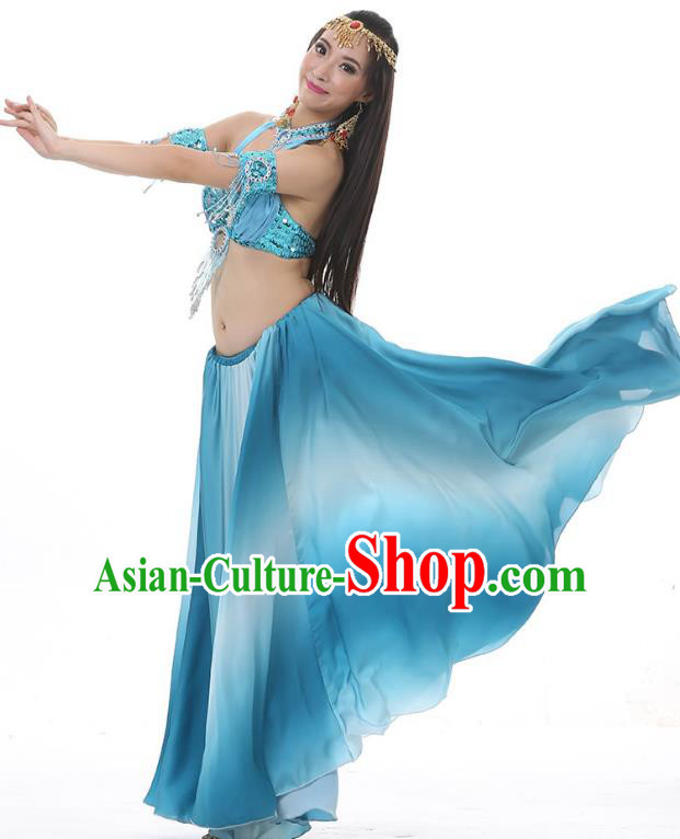 Asian Indian Belly Dance Costume Gradient Light Blue Dress Stage Performance Oriental Dance Clothing for Women