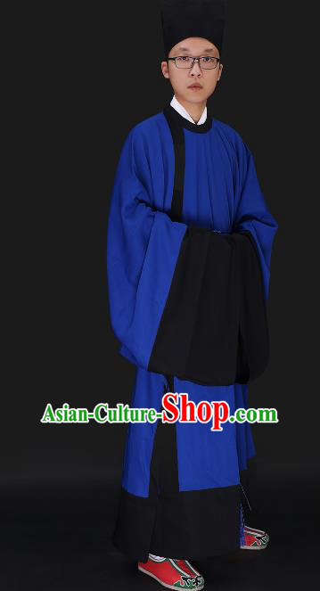 Chinese Ancient Ming Dynasty Confucian Scholar Costume Blue Robe Swordsman Hanfu Clothing for Men
