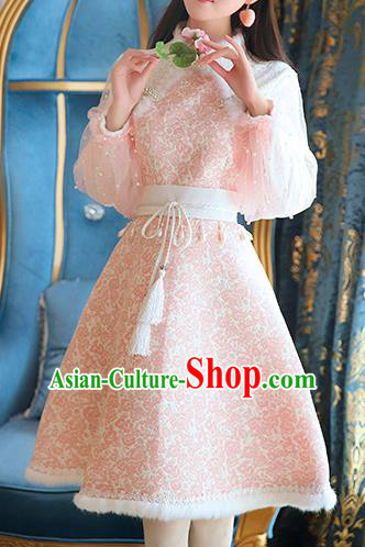Traditional Chinese National Pink Lace Qipao Dress Costume Tangsuit Cheongsam Clothing for Women