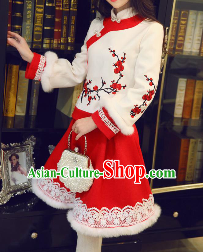 Traditional Chinese National Wool Cheongsam Costume Tangsuit Embroidered Blouse and Red Skirt for Women
