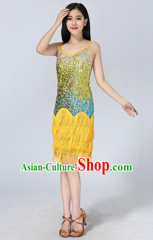 Professional Latin Dance Sequin Yellow Dress Ballroom Dance Modern Dance Clothing for Women
