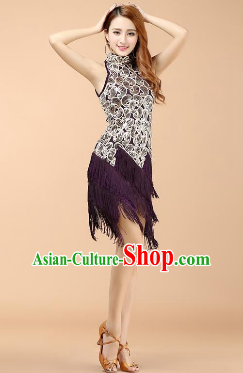 Classical Latin Dance Purple Tassel Dress Ballroom Dance Modern Dance Costume for Women