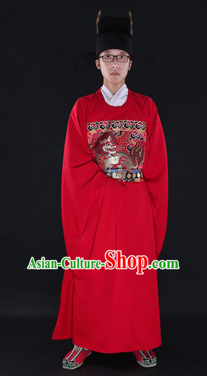 Chinese Ancient Wedding Costume Chancellor Kylin Red Robe Ming Dynasty Minister Clothing for Men