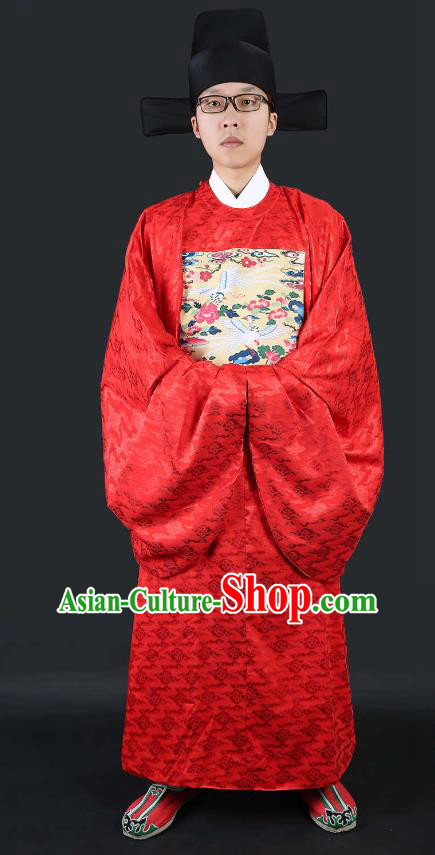 Chinese Ancient Lang Scholar Wedding Costume Cranes Red Robe Ming Dynasty Minister Clothing for Men