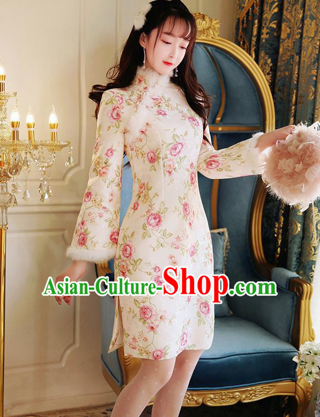 Chinese National Tangsuit Printing Rose Qipao Dress Cheongsam Clothing for Women