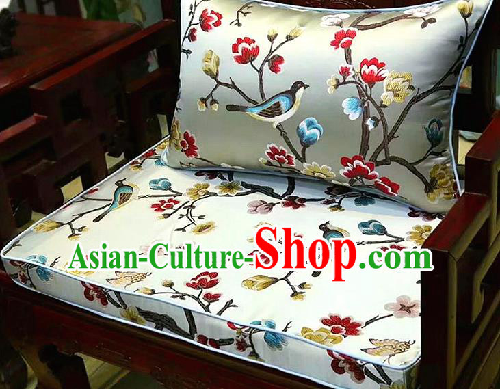 Chinese Traditional Fabric Flowers Birds Pattern White Brocade Chinese Fabric Asian Tibetan Robe Material