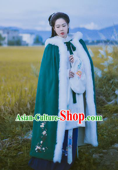 Chinese Ancient Ming Dynasty Princess Embroidered Plum Blossom Mantle Costume Green Long Cloak for Women