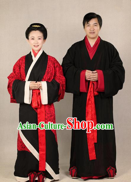 Ancient Chinese Zhou Dynasty Bride and Bridegroom Hanfu Embroidered Wedding Costumes Complete Set