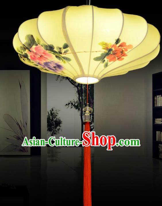 Traditional China Handmade Yellow Lantern Ancient Ink Painting Peony Hanging Lanterns Palace Ceiling Lamp