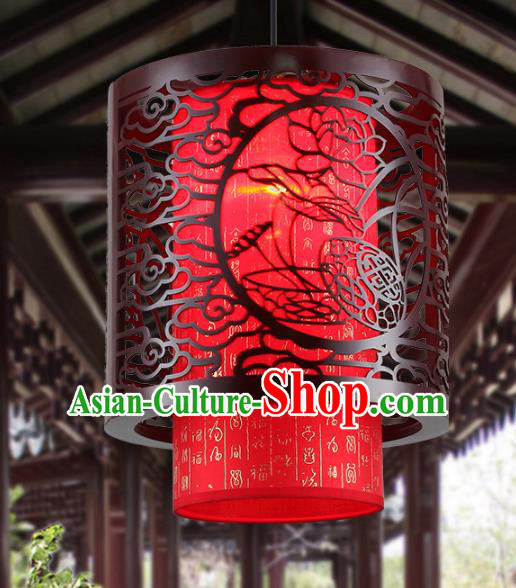Asian China Handmade Wood Carving Lotus Ceiling Lantern Traditional Ancient Red Hanging Lamp Palace Lanterns
