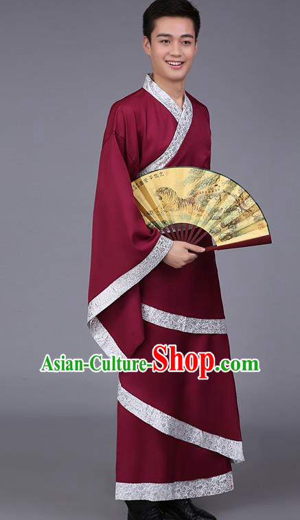 China Ancient Han Dynasty Scholar Costume Wine Red Curving-front Robe for Men
