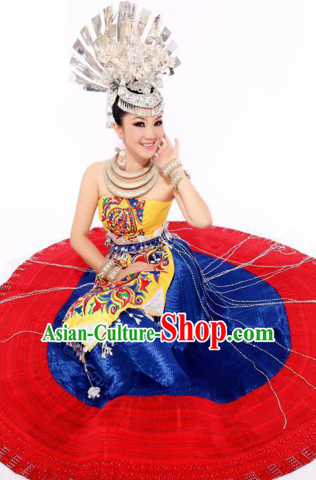 Traditional Chinese Miao Minority Nationality Embroidered Costume Hmong Bride Wedding Dress for Women