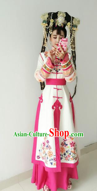 Chinese Ancient Qing Dynasty Mongolian Princess Embroidered Manchu Dress Historical Costume for Women