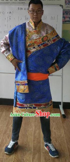 Traditional Chinese Zang Nationality Costume, Tibetan Ethnic Minority Kang-pa Blue Tibetan Robe for Men