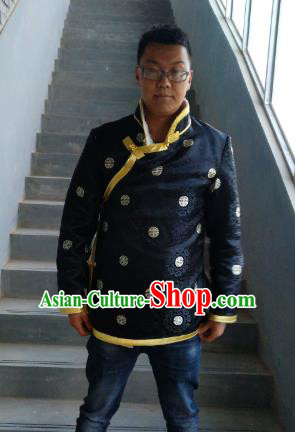 Traditional Chinese Zang Nationality Costume Black Cotton-padded Jacket, Tibetan Ethnic Minority Coat for Men